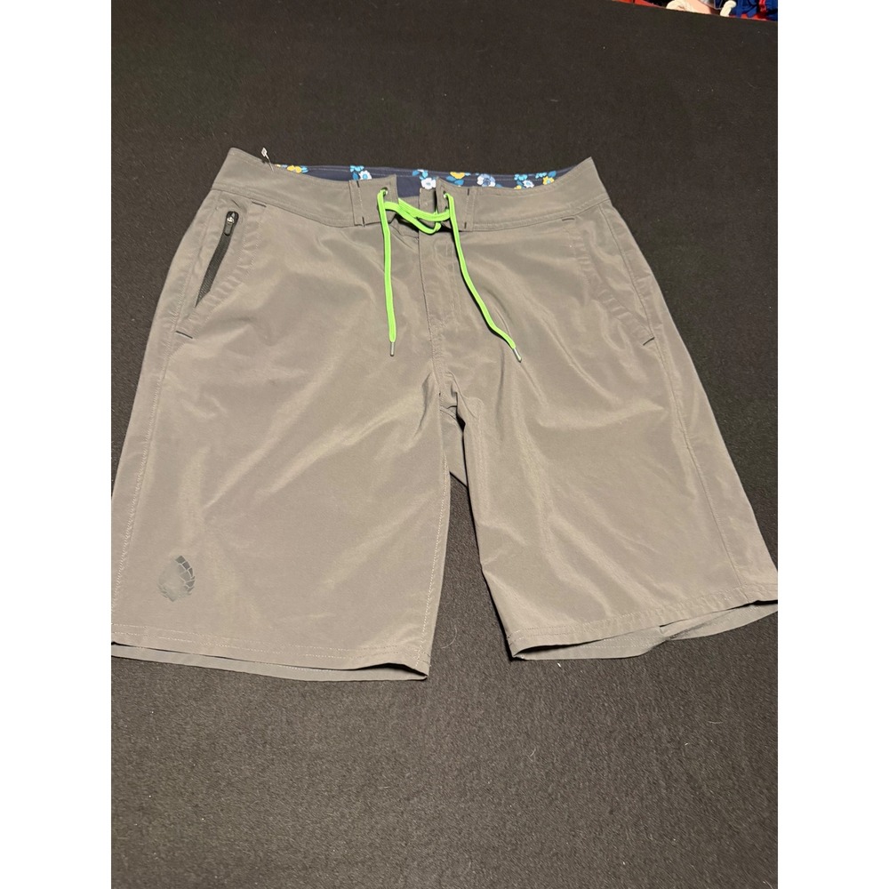Stio Mens Board Shorts Gray Performance Swim Trunks Size 32 x 19 Lime Green Tie